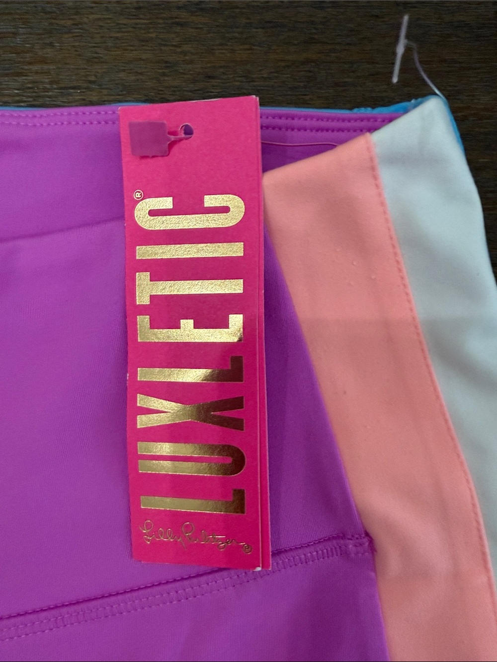 Lilly Pulitzer Bright Pink Colorblock Active Leggings with Peach & White Panels - Picture 3 of 5
